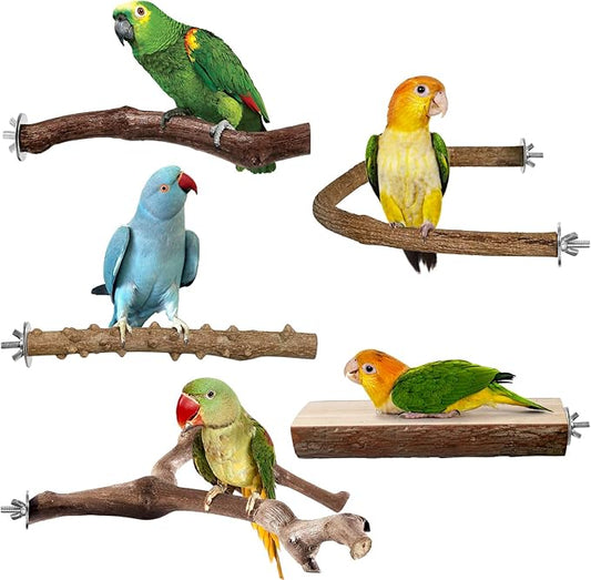 Bird Perches, 5pcs Natural Wood Birds Stand Branch, Bird Perch Chewing Stick Cage Accessories Parrot Climbing Standing Branches Paw Grinding Fork Sets for Cockatiels Ringneck Parrots