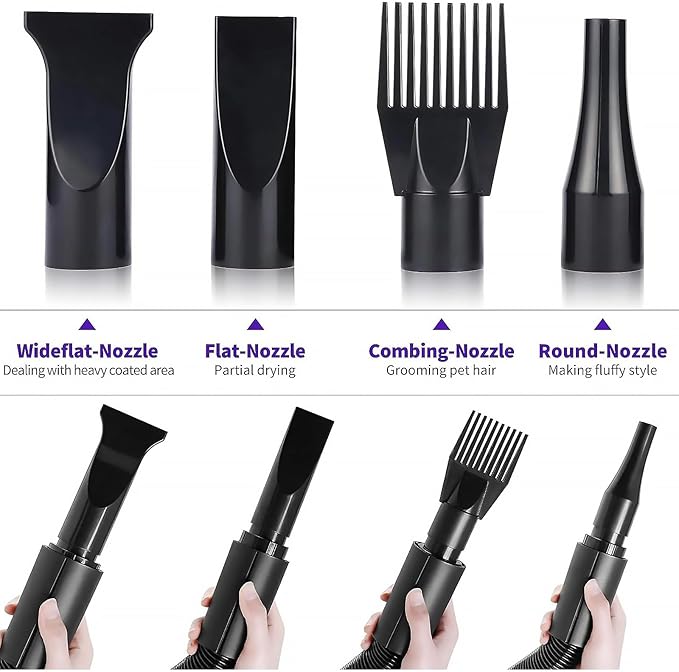 2400w 75m/s Dog Dryer for Pet Grooming, High Velocity Pet Hair Dryer with Heater, Adjustable Speed, 4 Nozzles and a Comb, Black