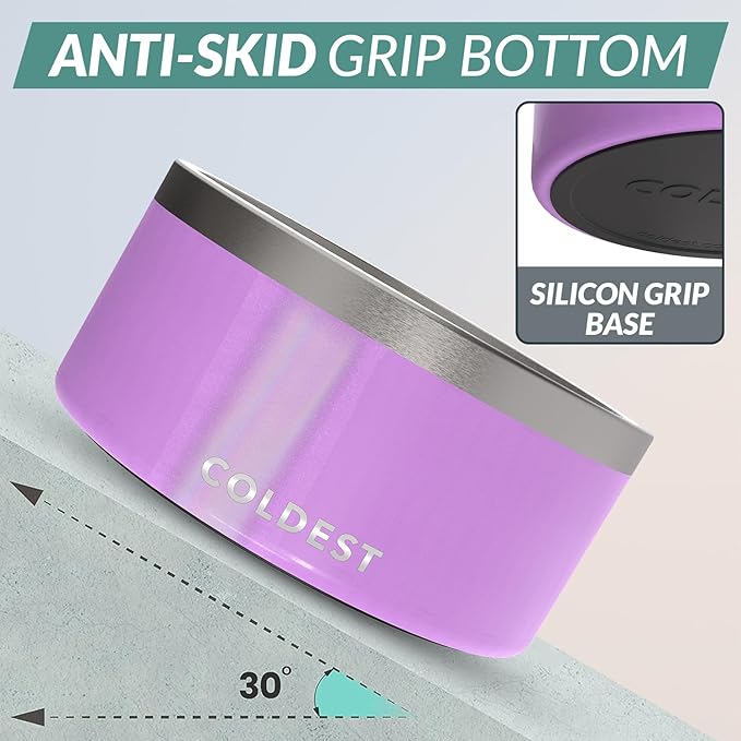 Coldest Dog Bowl - Anti Rust Metal, Non Slip, 3 Layers Insulated Stainless Steel Dog Bowls - Spill Proof & Heavy Duty - Water Bowl for Dogs, Cats, Dish Washer Safe (200 oz, Saturns Purple Glitter)