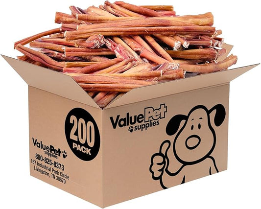 ValueBull Bully Sticks for Dogs, Thick 12 Inch, 200 Count Wholesale Pack - All Natural, Grass Fed, Single Ingredient, Long Lasting Dog Treats
