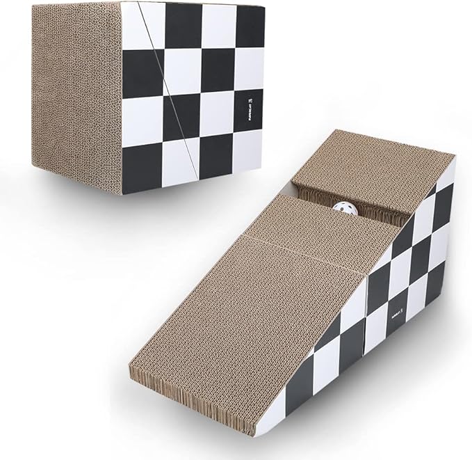 Cat Scratching Board with Ball, Triangle Cat Scratching Cardboard, Multiple Scratching Angles, 2-in-1 Scratching Lounge Bed, Recyclable and Durable, Furniture Protector, Black and White