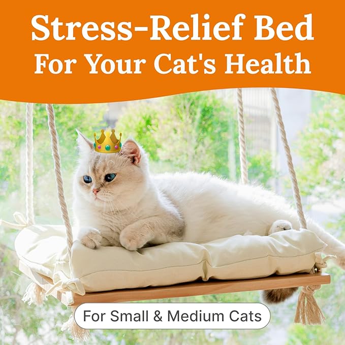 Cat Window Perch - Hammock Bed for Cats Inside - Solid Wood Seat, 4 Strong Suction Cups, Soft Cushion - Rustic Indoor Pet Shelf