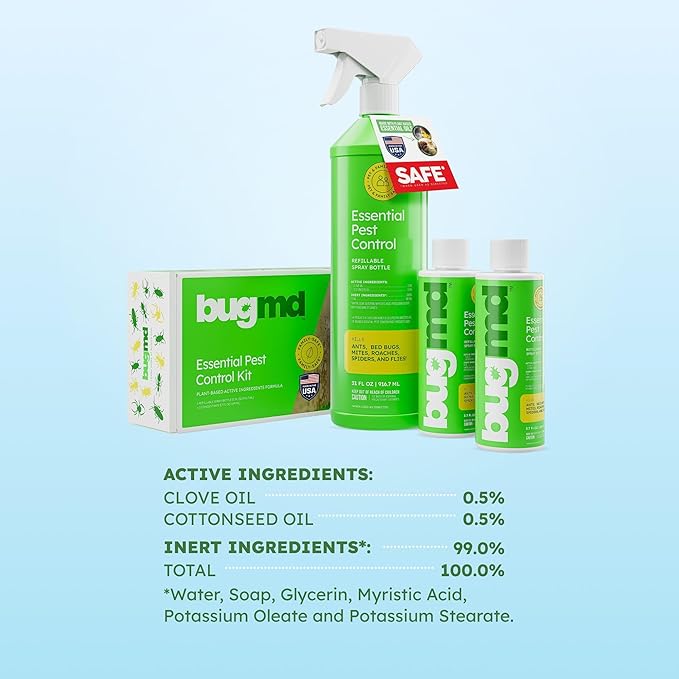 BugMD Ant Killer & Bug Spray - Roach and Cockroach Killer Indoor, Spider Spray for Home, Fly and Insect Defense, Natural, Safe with Essential Oils, Plant-Powered, Pest Control - Starter Kit