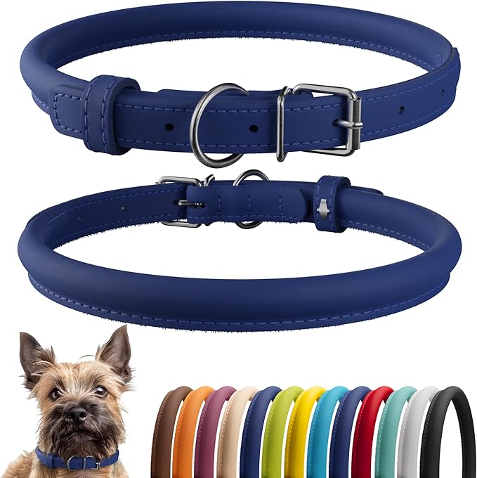 CollarDirect Rolled Leather Dog Collar, Soft Padded Round Puppy Collar, Handmade Genuine Leather Collar Dog Small Large Cat Collars 13 Colors (6-7 Inch, Deep Blue Smooth)