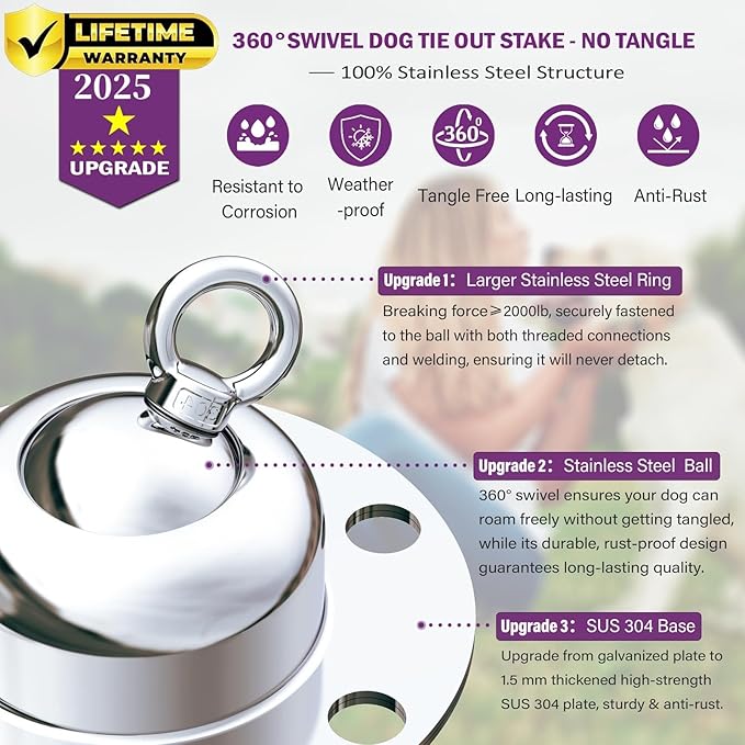 360° Swivel Dog Tie Out Cable and Stake - 2025 Upgrad Stainless Steel Dog Stake Dog Anchor for Small to Large Dogs - No Tangle Reflective Run Cable for Yard (Silver 10 ft Cable)