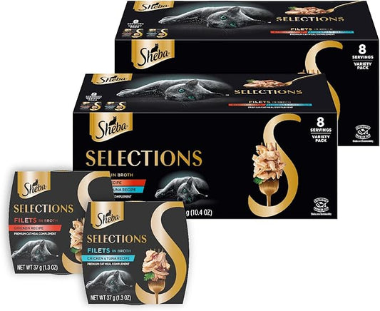 Sheba Selections Filets in Broth Adult Wet Cat Meal Complement Chicken or Tuna Recipe, 1.3 oz. Cups, 8 Count (Pack of 2)