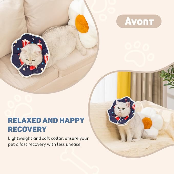 Avont Soft Cat Recovery Cone Collar, Adjustable Lightweight Kitten E-Collar for Small Dogs, Comfortable Neck Donut Stop Licking Scratching After Surgery -Popcorn(S)