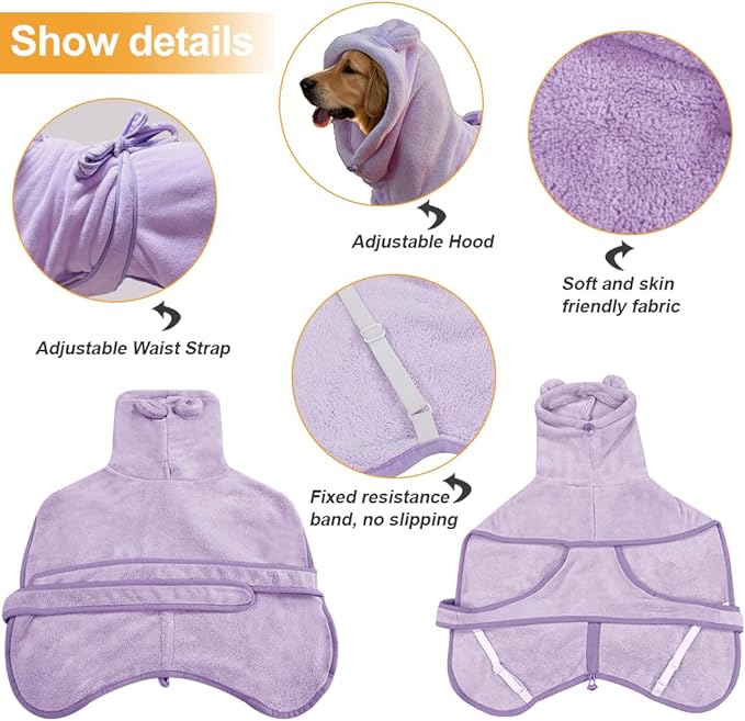 Medium to Large Size Dog Bathrobe, Quick Drying Super Absorbent Used for After Bathing, Warm Dog Towels, Adjustable Hoodies and Belts for Pet Dogs Bath Clothes Products (Purple, 5XL)