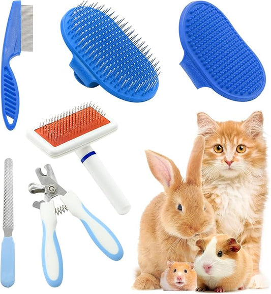 Pet Grooming Kit with Slicker Brush Bath Massage Glove Brush Pet Shedding Comb Nail Clipper Trimmer 6 Piece Set for Rabbit Kitten Guinea Pig Cat Chinchilla Ferret Small Animals