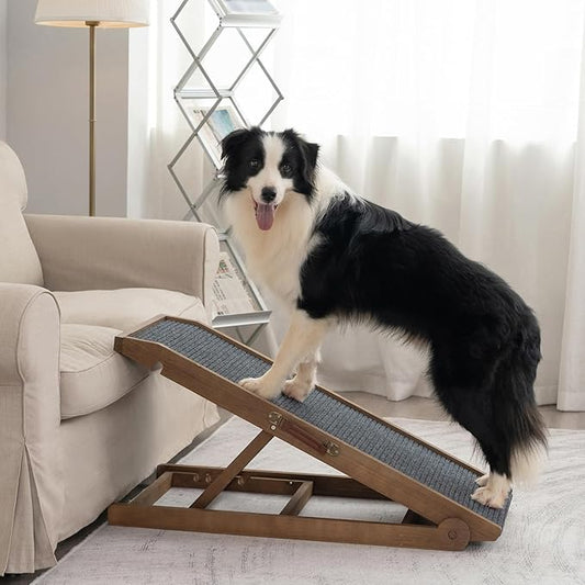 Dog Ramp for Bed Couch - Pet Steps Stairs to Get on Bed Couch 11.8"-19.6" High for Small or Large Dog Up to 200 lbs, Adjustable Wooden Dog Ramp Steps Foldable Portable, Anti-Slip Carpet (Brown)