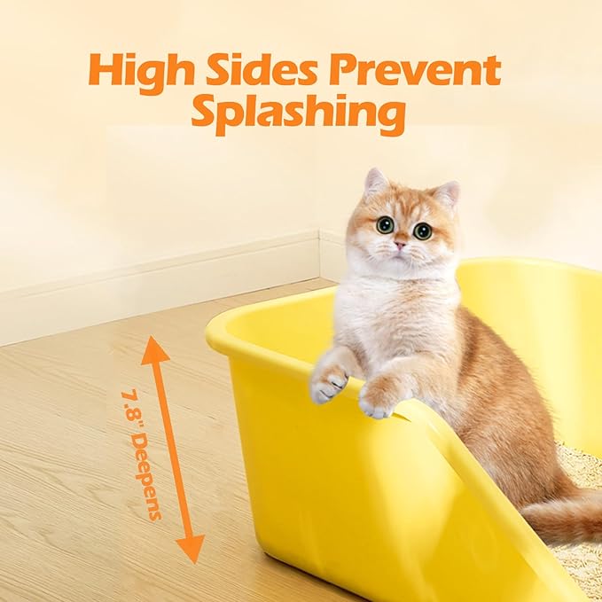 SpaceTime Large Cat Litter Box with High Sides,Cat Boxes for Indoor Cats,Cat Litter Pan for Kitty,Litter Box with Low Entry,Easy to Clean,Anti-Splashing(White-Yellow)