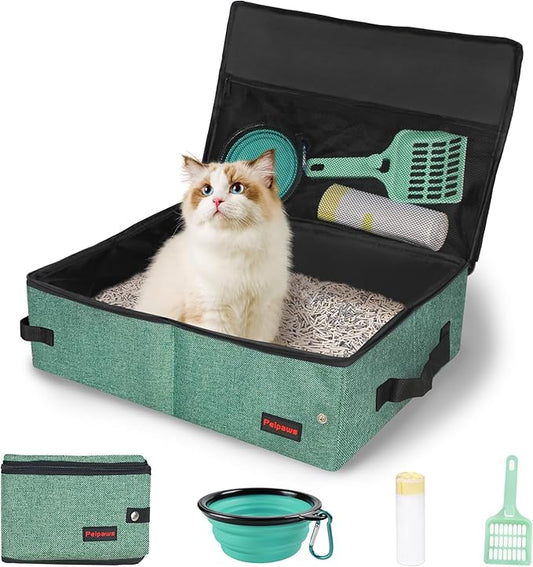 Portable Cat Travel Litter Box. Zipped Lid, Collapsible Litter Box for Cats. No Leakage, No Smell. Easy to Carry. Used for Hotels, Camping, Car (Green, L)