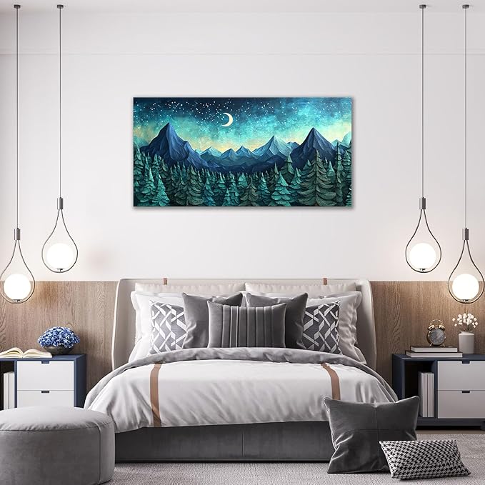Quorin Abstract Mountain Large Wall Art Forest Moon Starry Night Sky Pictures Nature Landscape Wall Decor Canvas Print Painting Artwork for Bathroom Living Room Bedroom 30"x60"