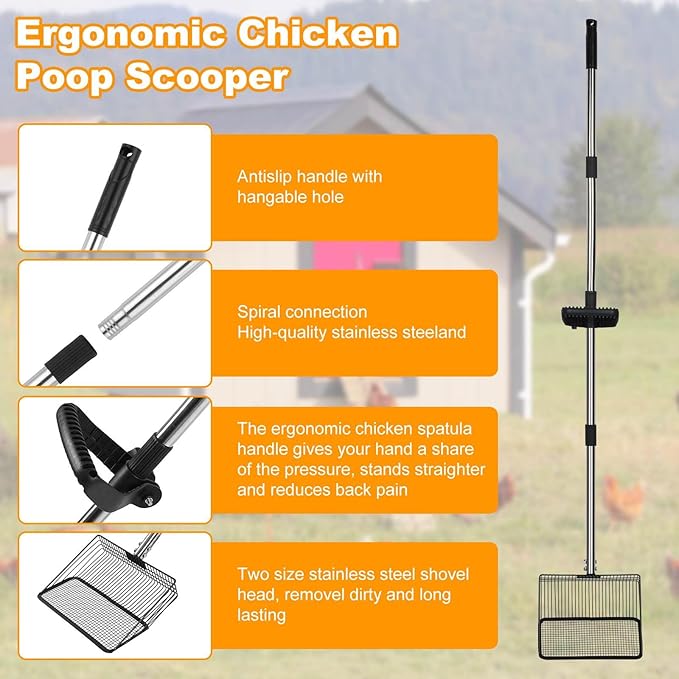 Chicken Poop Scooper Set - Adjustable Coop Scoop with Ergonomic Grip, Rake, Reusable Waste Bag & Gloves - Durable Sand Sifting Litter Shovel for Chicken Coops, Farms, Pet Waste