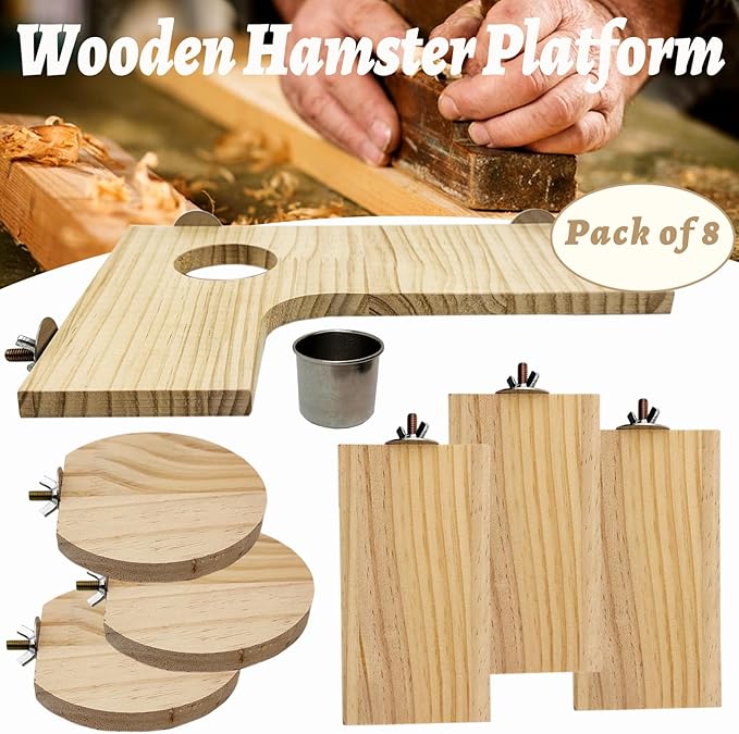 8 Pcs Wooden Hamster Cage Platform Set Wood Juvenile Chinchilla Shelves, Squirrel L-Shape Corner Ledge with Hole Cooling Standing Board Rat Cage Accessories for Gerbil Small Animal Climbing