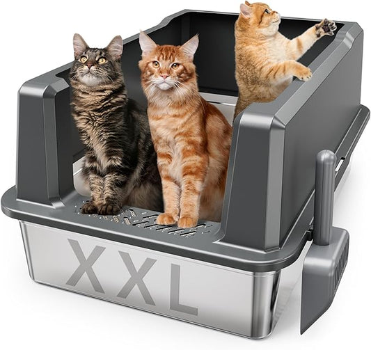 XXL Stainless Steel Cat Litter Box with High Sided, 27.6" L x 20" W x 14" H Extra Large Litter Box for Big Cats and Multiple Cats, Enclosure Cat Litter Pan with Anti-Urine Leakage, Easy Clean