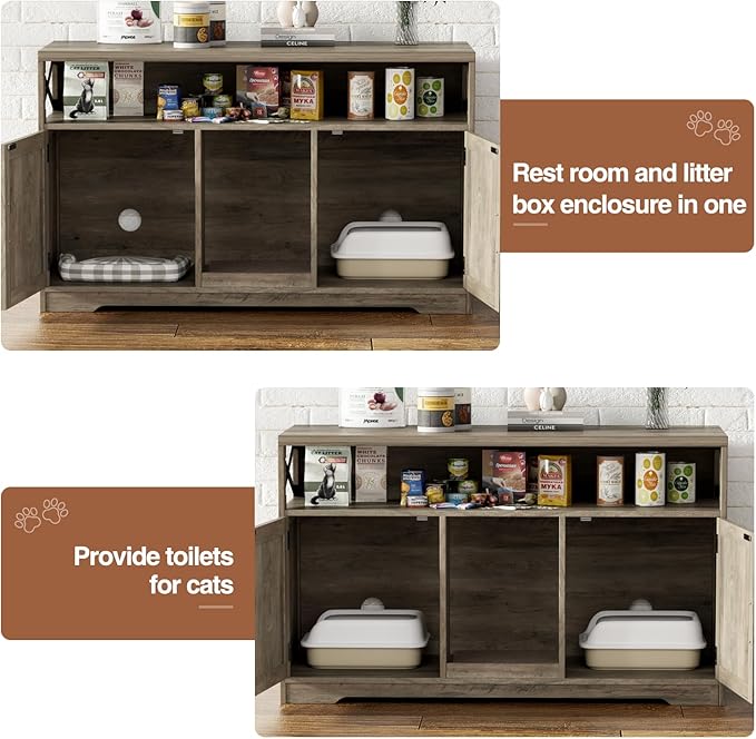 Cat Litter Box Enclosure for 2 Cats, 47" Double Hidden Litter Box Furniture with Scratch Pad, Farmhouse Indoor Litter Box Cabinet Cat Washroom, Grey