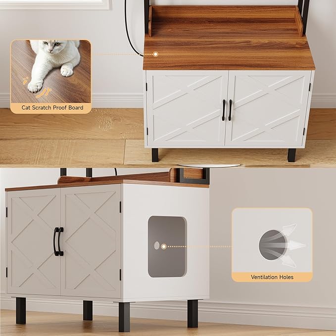 55 Inches Cat Litter Box Enclosure, Hidden Litter Box Furniture with 2 Storage Shelves and Charging Sockets, Wooden Cat House, Large Indoor Cabinet for Living Room & Entryway, White