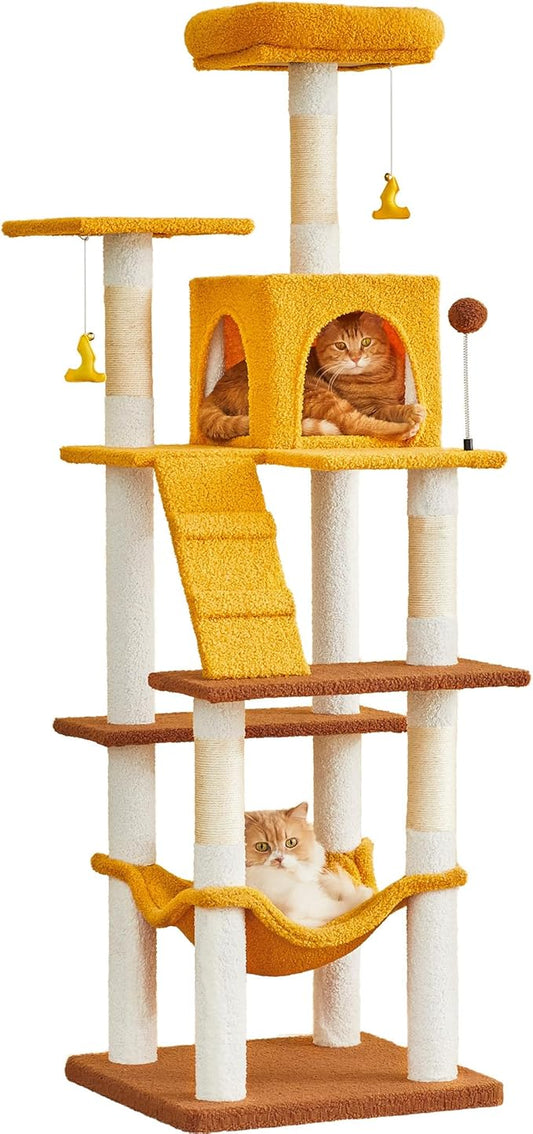MWPO Cat Tree, 63.8-Inch Cat Tower for Indoor Cats, Multi-Level Cat Condo with 5 Scratching Posts, 2 Perches, Hammock, Dangling Toys, Yellow
