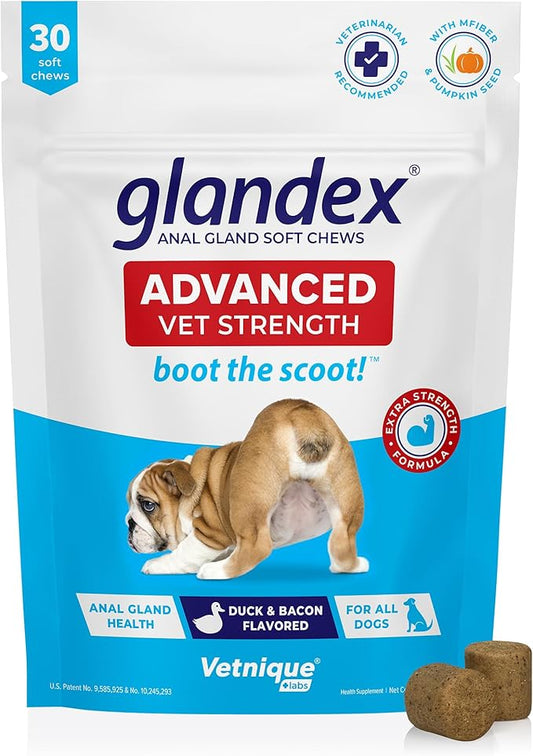 Vetnique Glandex Anal Gland Soft Chew Treats with Pumpkin for Dogs Digestive Enzymes, Probiotics Fiber Supplement for Dogs Boot The Scoot (Advanced Strength Duck/Bacon Chews (Veg), 30 Count)