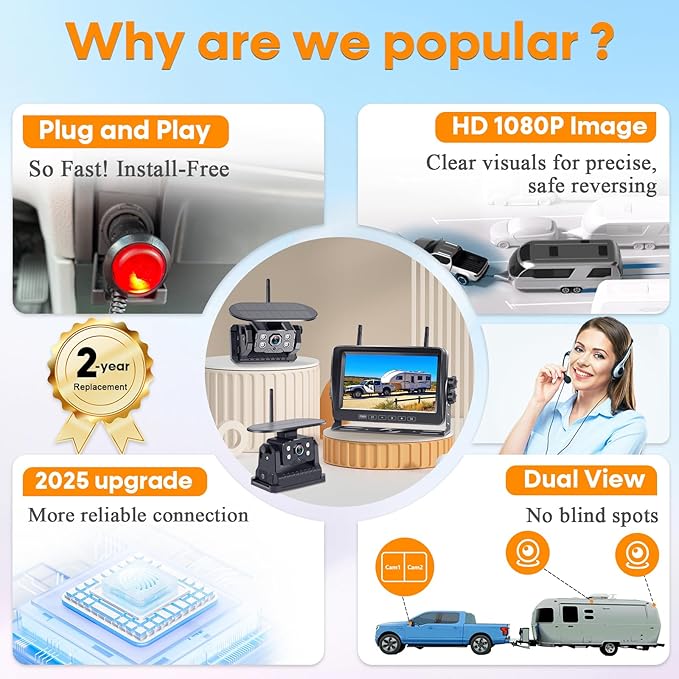 Dual RV Backup Camera Wireless with Magnetic - Recording 1080P HD Solar Rear View Camera Install-Free 7 Inch Touch Button Monitor No-Delay Signal for Truck Trailer YWD-902