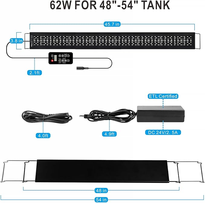 Advanced 7-Row LED Aquarium Light, Easy Setup Controller, Auto On Off Full Spectrum Fish Tank Light, 24/7 Lighting Cycle, 8 Colors, 10 Level Dimming, 62W for 48"-54" Freshwater Planted Tank