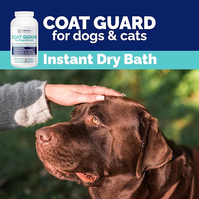Coat Guard Dry Shampoo for Dogs and Cats - Extra Large 2 lbs Jar, Dog Dry Shampoo Powder, Waterless Dog Shampoo, Anti Itch Relief, Cedar Scented, Anti Dandruff, Hot Spots, Nature's Pure Edge
