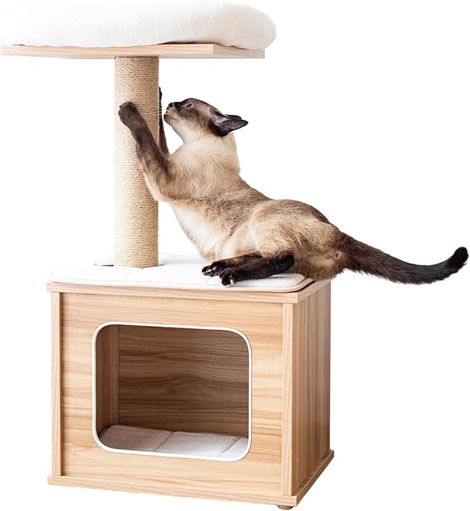 Catry 29.7" Tall 3 Level Laminated Wood Cat Tree with Large Base Condo, 2 Paded Steps, Natural Jute Scratching Post, Sturdy and Easy to Assemble for Small Cat, Brown