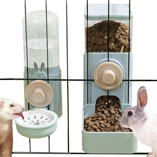 kathson Hanging Automatic Rabbit Pet Food and Water Dispenser, Auto Gravity Bunny Feeders for Cages, Detachable Self-Feeding Feeder and Waterer Set for Ferrets Chinchilla Hedgehog (Light Blue)