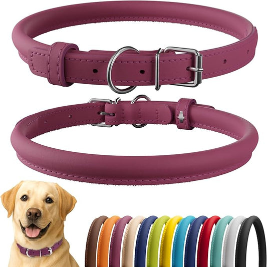 CollarDirect Rolled Leather Dog Collar, Soft Padded Round Puppy Collar, Handmade Genuine Leather Collar Dog Small Large Cat Collars 13 Colors (15-19 Inch, Pink Smooth)