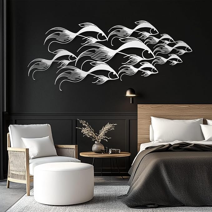 School of Fish Metal Wall Art, Metal Fish Wall Decor, Sea Life Wall Art, Large Nautical Wall Hanging, Modern Beach House Wall Decor, Ocean Themed Artwork for Bathroom (Silver, 30"x12" | 76x32cm)