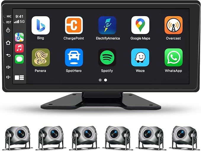 6 Channel Backup Camera System,1080P Rearview Camera with Carplay & Android Auto,GPS Navigation, Touchable 11 inch Monitor & Loop Recording DVR car Stereo, for RV/Truck/Trailer Pickup,128GB Card