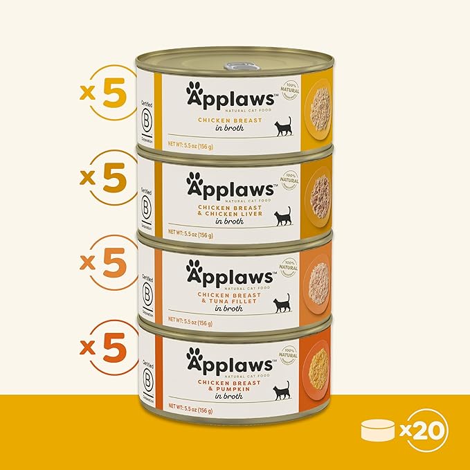 Applaws Natural Wet Cat Food in Broth, Limited Ingredient Canned Wet Cat Food, No Additives, Made with Natural Ingredients, Chicken Selection in Broth Cans (20 x 5.5 oz Cans)