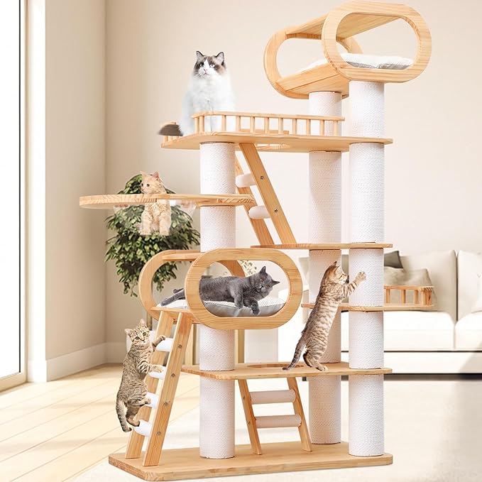 77‘’ Modern Cat Tree, Tall Wood Cat Tower for Indoor Cats Large Adult, Heavy Duty Cat Tree with Scratching Post, Luxury Kitty Condo, Sturdy Cat Furniture with 1 Transparent Bed and 3 Climb Labber