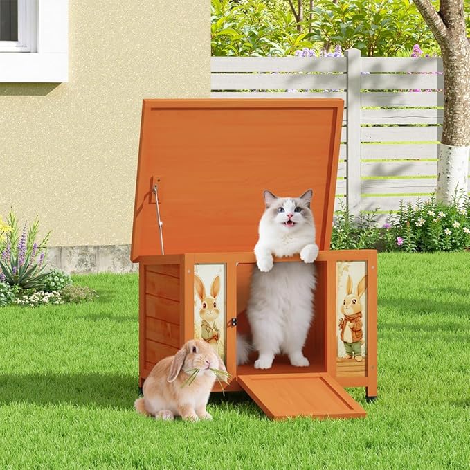 COZIWOW 24in Wooden Cat House Outdoor & Indoor Pet Shelter with Foldable Ramp - Weatherproof Rabbit Hutch with Unique Machine-Printed Art Designs for Cat, Rabbit, Guinea Pig (Orange)