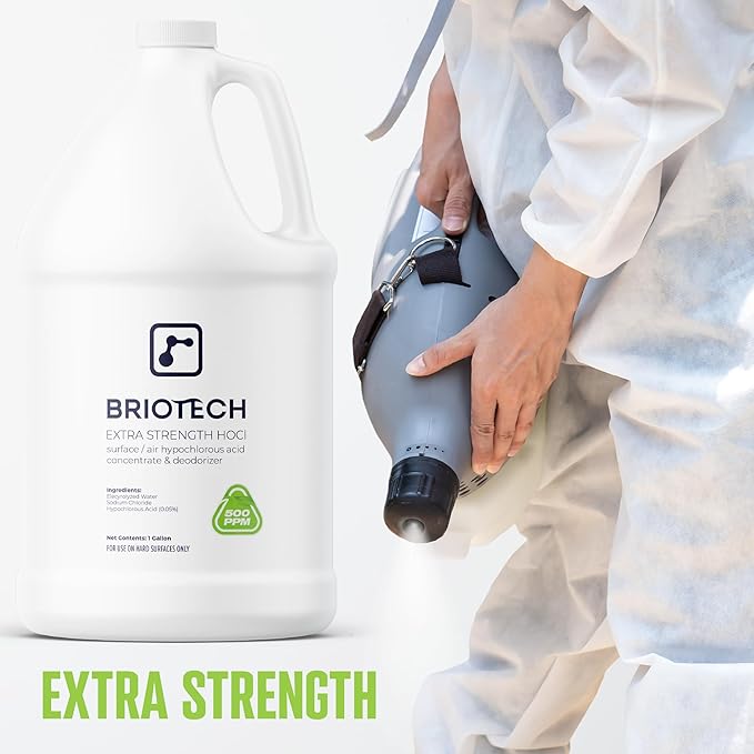 BRIOTECH Extra Strength HOCl Cleaner, 500 PPM Hypochlorous Acid Concentrate, ULV Foggers & Humidifiers, Professional Deodorizer for Dental, Offices, Schools, Homes, Peroxide Free, 1 Gallon (2 Pack)
