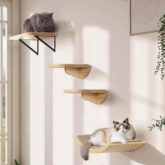 Wood Cat Wall Shelves with Sisal Cats Window Perch, Wall Mounted 4-Piece Cat Climbing Set with Curved Bed, Flat Perch and Sisal-Covered Steps