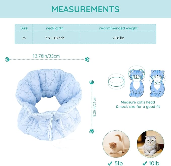 Cat Recovery Collar, Soft Adjustable Cat Cone Alternative, Lightweight Waterproof Fasteners Collars for Cats Kittens Puppies, After Surgery Stop Licking and Daily Use (Light Blue, M(Neck 7.9"-13.8"))