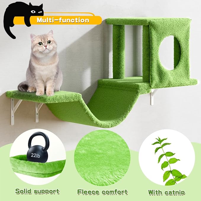 NUNU LAB Cat Wall Shelves, 6 Pcs Luxury Wall-Mounted Cat Climber Set, Indoor Cat Furniture with 1 Condos House, 2 Cat Wall Shelves, 1 Scratching, 1 Bridge Ladder, 1 Scratching Pad, Green