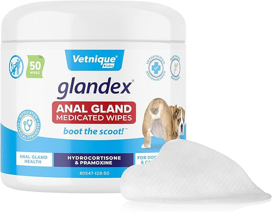 Vetnique Glandex Medicated Dog Butt Wipes or Spray for Dog Scooting - Topical Anti Itch Skin Relief for Soothing Inflamed Anal Glands in Dogs & Cats - Fast Acting Formula 50ct (50ct Wipes)