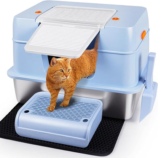 Vivifying Stainless Steel Litter Box with Lid, XL Side Entry Extra Large Litter Box for Big Cats & Kitty, Removable Enclosed Metal Cat Pan with High Sided Enclosure, Scoop, Mat, Footboard (Blue)
