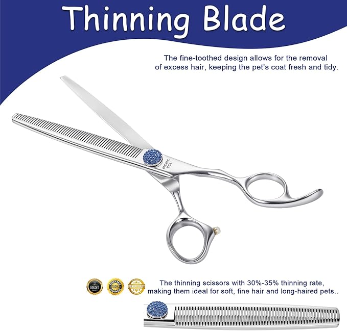 7.5'' Dog Grooming Scissors CNC 440C Blades Sharp and Durable Polished Thinning Dog Shears with Blue Diamond Adustable Screws Easy to Use for Groomer and Home User