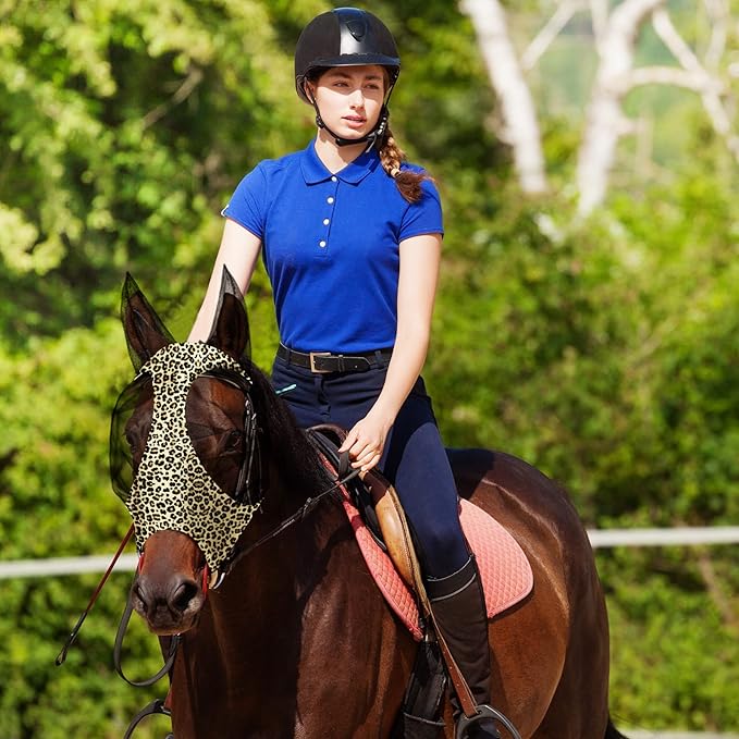 Chunful 6 Pcs Horse Fly Masks with Ears Smooth and Comfortable Cashel Mesh Fly Mask Elasticity Breathability UV Protection Horse Face Covering for Riding Supplies(Leopard,Medium)