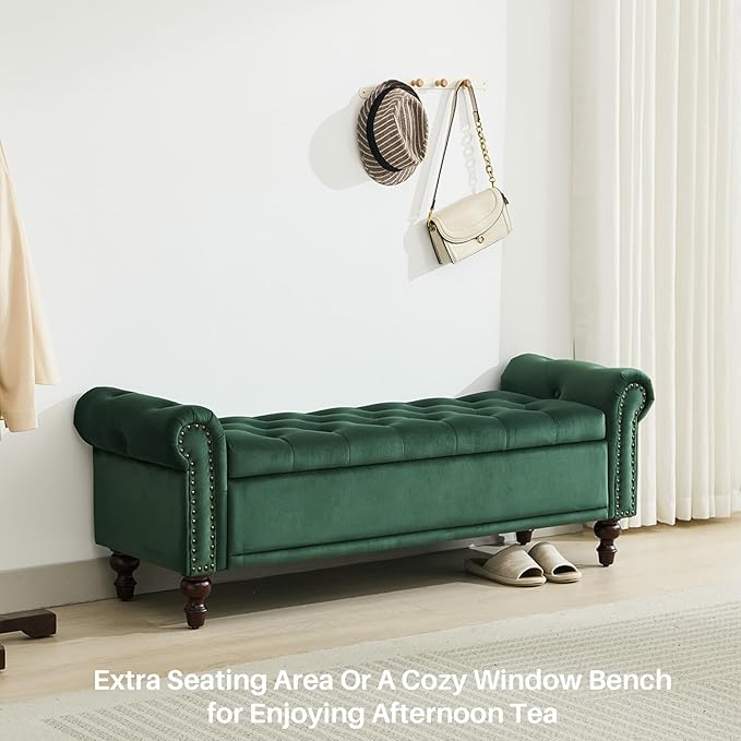 58.1'' Storage Bench Upholstered Velvet End of Bedroom Bed Bench Ottoman with Tufted Cushioned Rolled Arm Large Storage Space for Reading Living Room Entryway,Dark Green