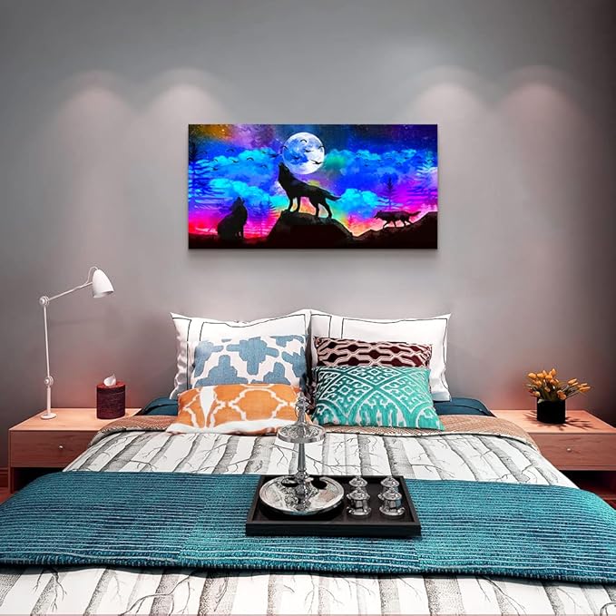 Canvas Wall Art For Living Room Family Wall Decor For Bedroom Modern Office Decorations Animal Wolf Wall Pictures Artwork Blue Starry Sky Scenery Painting Room Canvas Art Prints Home Decor 20" X 40"