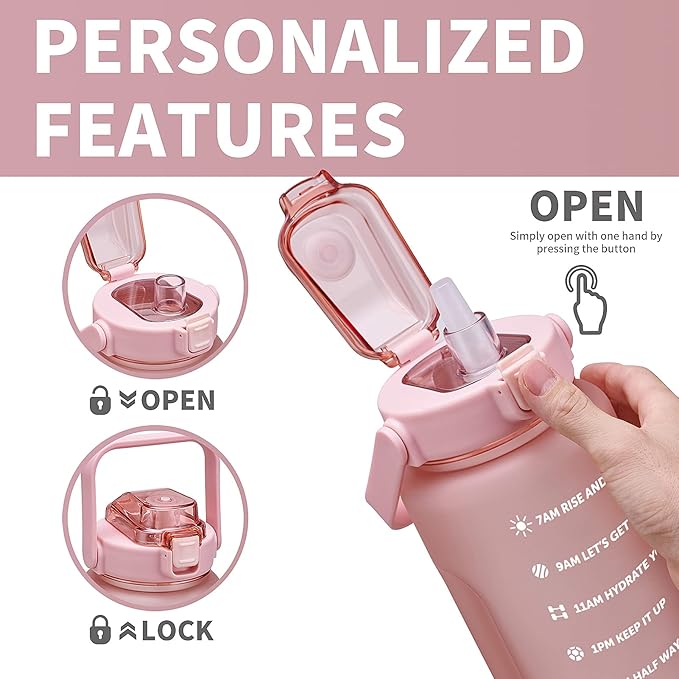 64oz,100oz,128oz Large Motivational Water Bottle with Time Marker, Leakproof & BPA Free Half Gallon Big Water Bottle with Straw Handle Tritan Frosted Water Jug for Gym,Fitness,Outdoor Sports