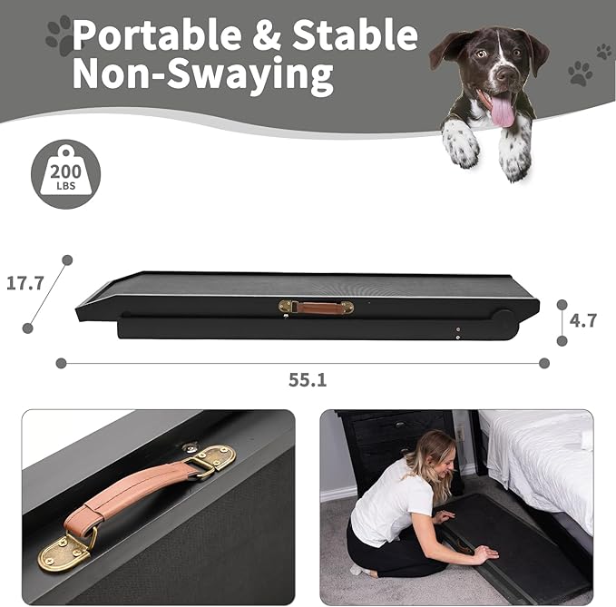 ABORON Dog Ramp,Adjustable Folding Pet Ramp for Bed,Couch,SUV - High Traction Portable Rubber Paw Ramps,Great for Small & Large Old Dogs & Cats, Supports up to 200 lbs,55''Long