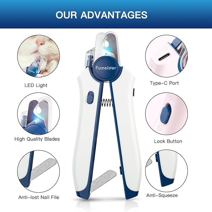 Type-C Rechargeable Dog & Cat Nail Clippers - LED Pet Nail Trimmer with Built-in Nail File, Extra Sharp Blades for Small & Medium Dogs, Indoor Cats (Blue)