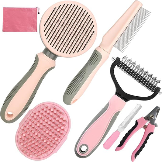 Pet Grooming Kit - 7 PCS Deshedding Brush Set with Slicker, Undercoat Rake, Bath Brush & Nail Clipper for Short & Long Haired Dogs, Cats (Pink)