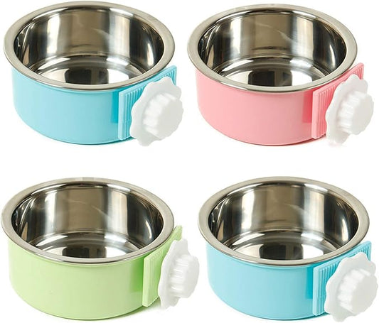 kathson Crate Dog Bowl, Removable Stainless Steel Hanging Pet Cage Bowl Food & Water Feeder Coop Cup for Cat, Puppy, Birds, Rats, Guinea Pigs 4pcs(2×Blue,1×Pink,1×Green)
